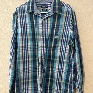 Chaps Blue & White Plaid Print Long Sleeve Button Down Shirt - L